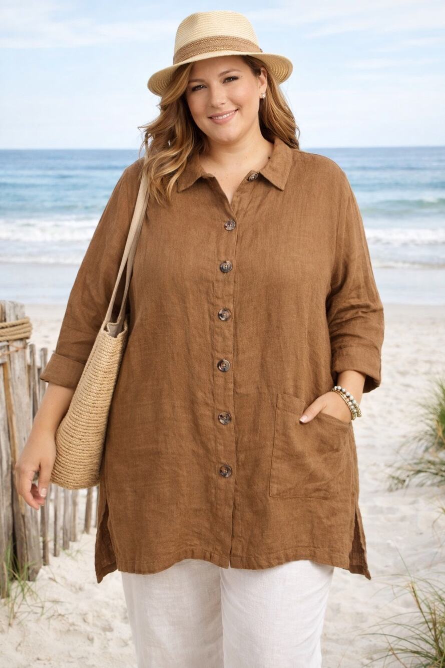 Click USA unisex L Brown 100% Linen Button Front Tunic Shirt Pockets
